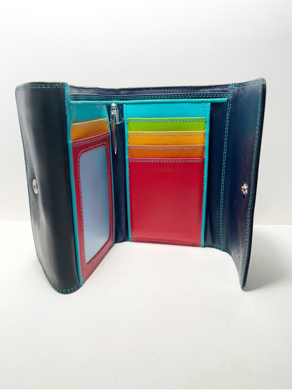MyWalit Double Flap Ladies Trifold Leather Wallet -Black Multi, with Pen EUC